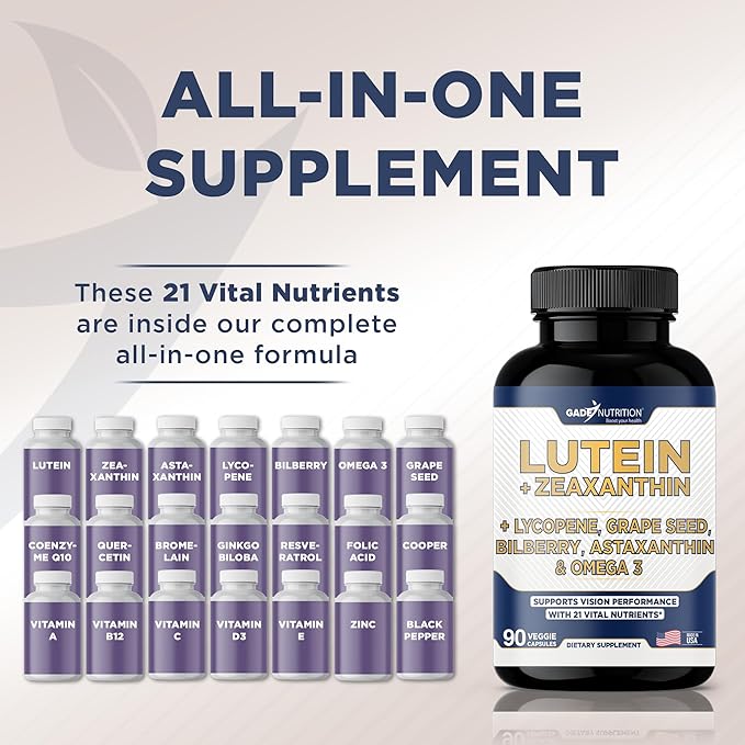 Gade Nutrition Lutein and Zeaxanthin Supplements | Astaxanthin, Omega 3, Resveratrol, Bilberry, Lycopene, Quercetin, Ginkgo Biloba, Vitamin D - Eye Health Vitamins, Eye Support, Health Vision Formula