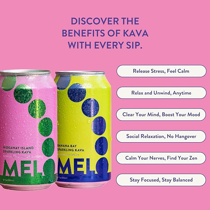 Melo Sparkling Kava Drink, Passionfruit, Orange & Guava, Sugar Free Non Alcoholic Drinks with Zero Calories, Gluten Free, Vegan, 100% Natural Mocktail with 100mg Kava Root per Drink, 6 Pack, 12 oz Cans