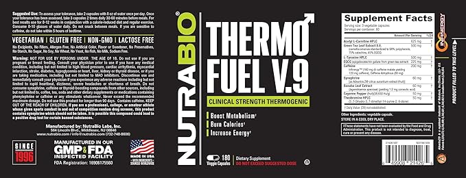NutraBio ThermoFuel V.9 for Men and Women- Metabolism Booster and Appetite Suppressant-Thermogenic Fat Burner-180 Capsules