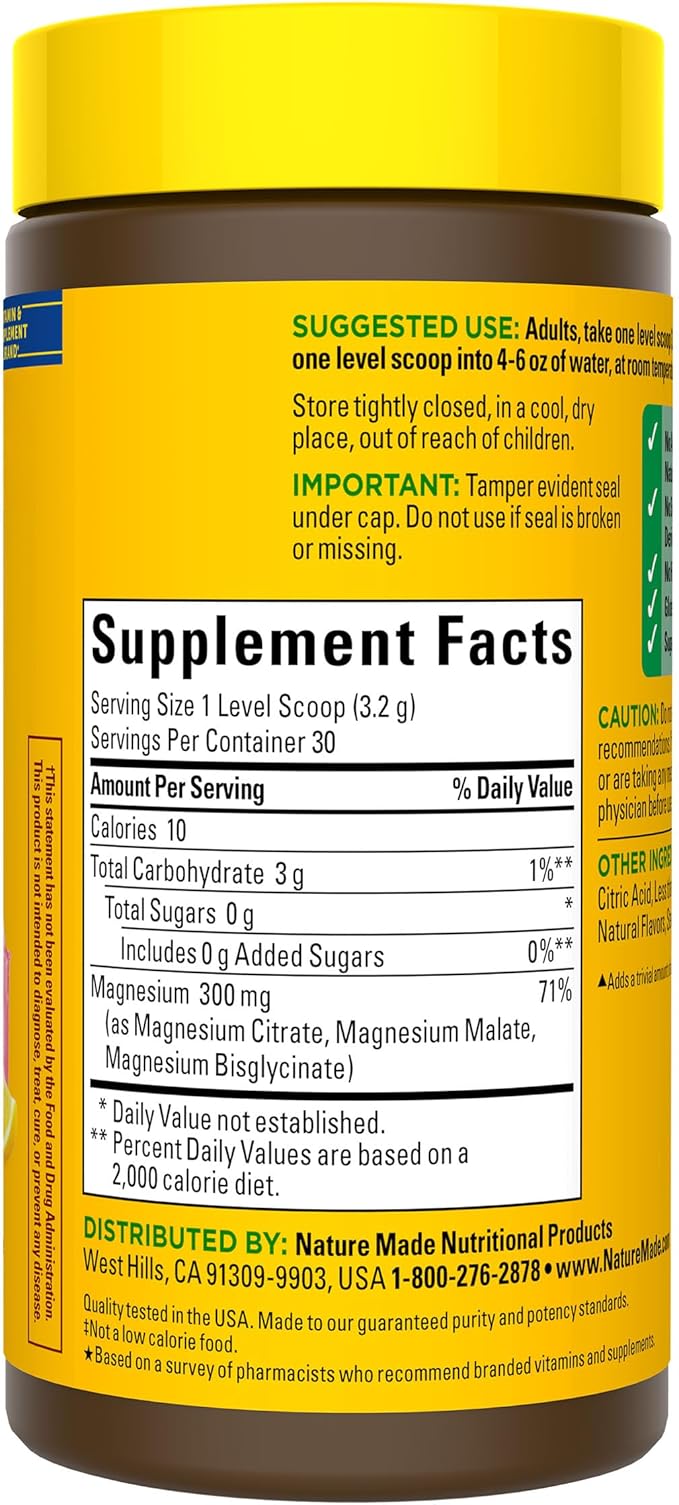 Nature Made High Absorption Magnesium Complex Drink Mix Powder, Magnesium Citrate, Magnesium Glycinate & Magnesium Malate 3-in-1 Blend, Pink Lemonade Flavor, 96 g, 30 Day Supply