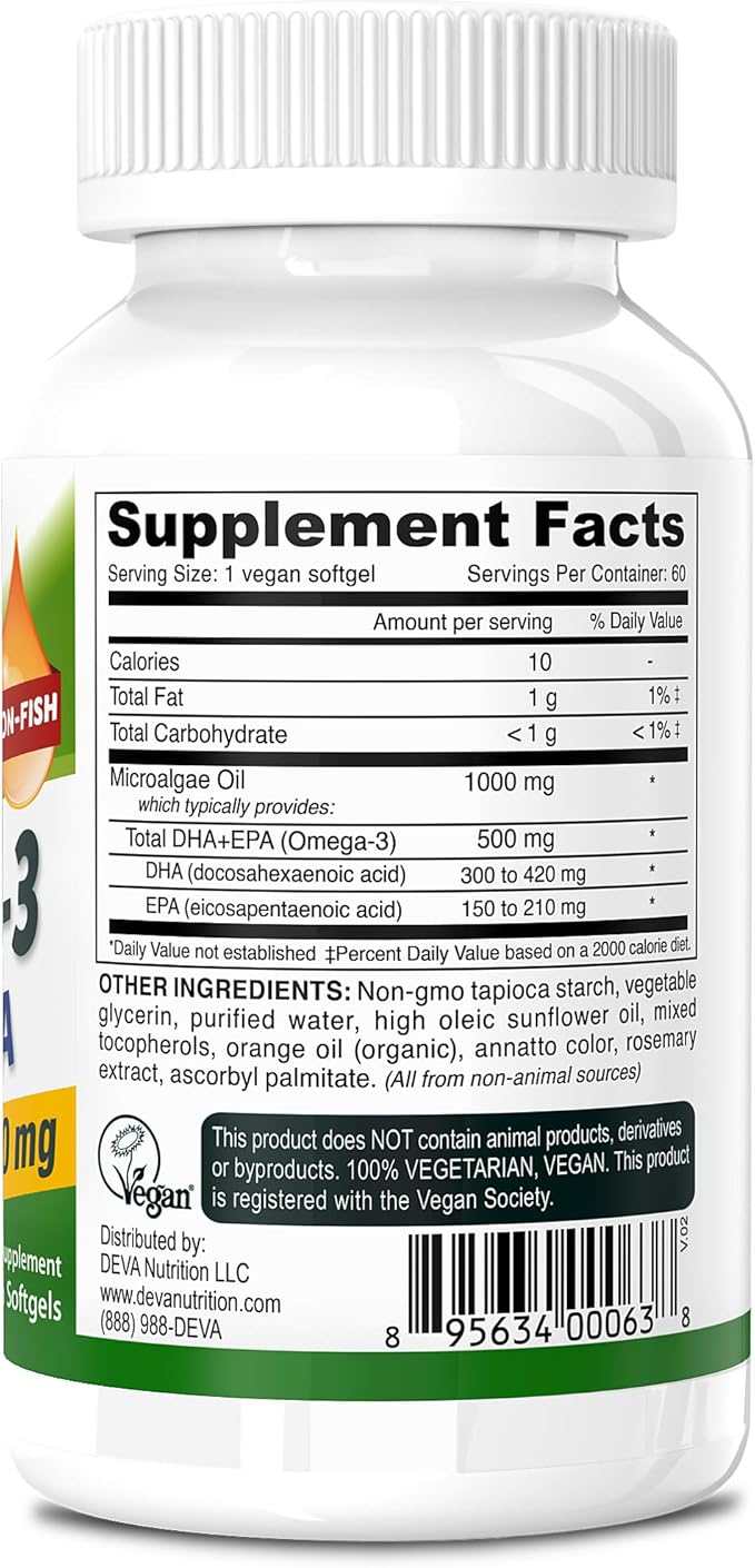 DEVA Vegan Omega-3 DHA EPA Supplement - Once-Per-Day Softgel 500 MG - Carrageenan Free - Gelatin Free - Non-Fish - Algae Oil Omega-3 Fatty Acids - 60 Softgels
