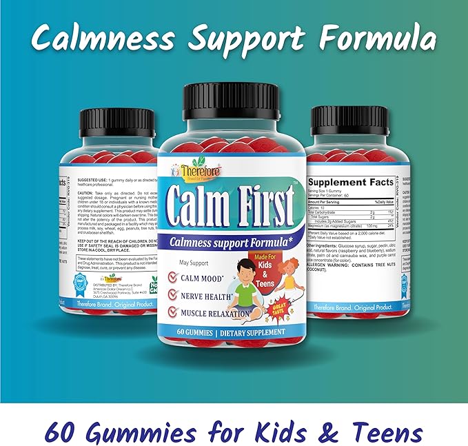 Therefore Magnesium Citrate Supplement for Teens, Calm Magnesium Gummies for Kids - Supports a Healthy Stress Response, Bone Health, Sleep - Gluten Free, Low Sugar (60-Day Supply)