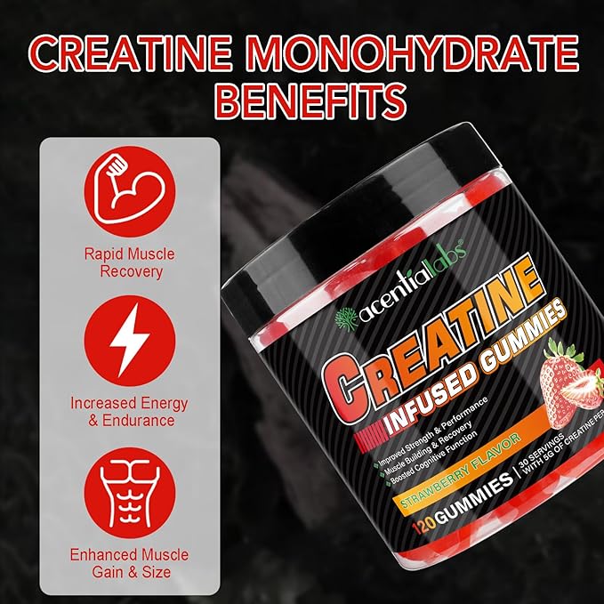 Creatine Monohydrate Gummies 5000mg for Men & Women, Creatine Monohydrate, L-Taurine, Vitamin B12 for Muscle Growth, Strength, Focus, Energy & Health, Sugar Free, Vegan, Strawberry Flavor, 120 Count