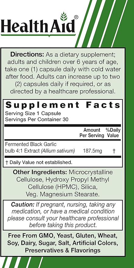 Fermented Black Garlic, 30 CT, Once Daily, Odorless, No Aftertaste, Potent Extract, Rich in S-allylcysteine, Vegan