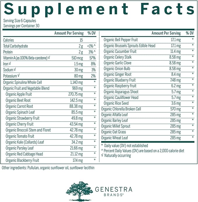 Genestra Brands Phyto Greens Capsules | Vitamins, Dietary Fiber and Enzymes for Optimum Nutrition | 180 Capsules