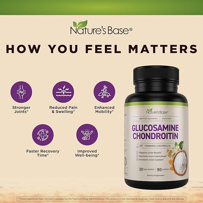 Nature's Base Glucosamine Chondroitin MSM Collagen - Joint Support Supplement for Mobility, Flexibility, & Comfort - with Turmeric, Boswellia - for Men & Women - 90 Capsules