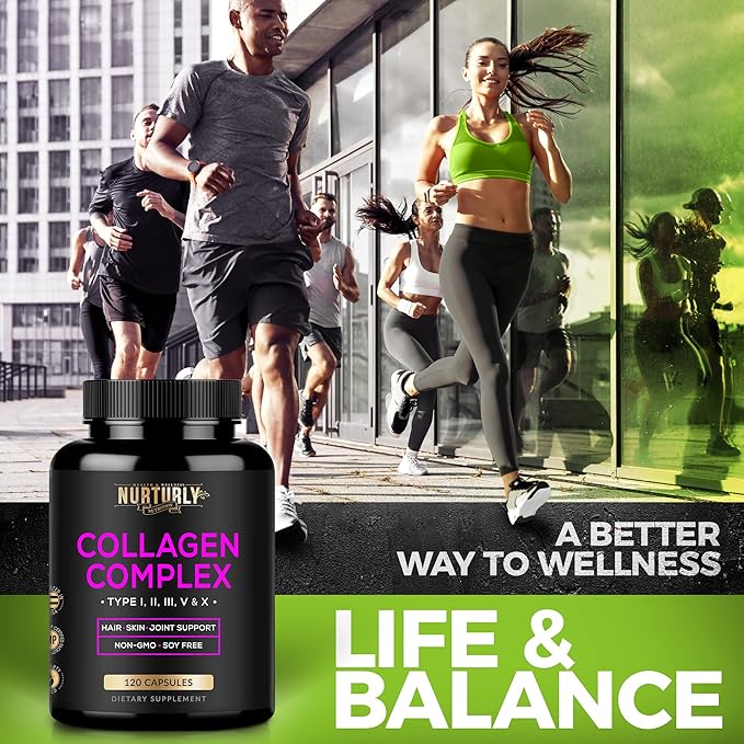 Multi Collagen Peptides Powder Capsules - Hydrolyzed Collagen Peptides Types (I, II, III, V & X) - Collagen Supplements for Hair, Skin & Nails - 120 Capsules