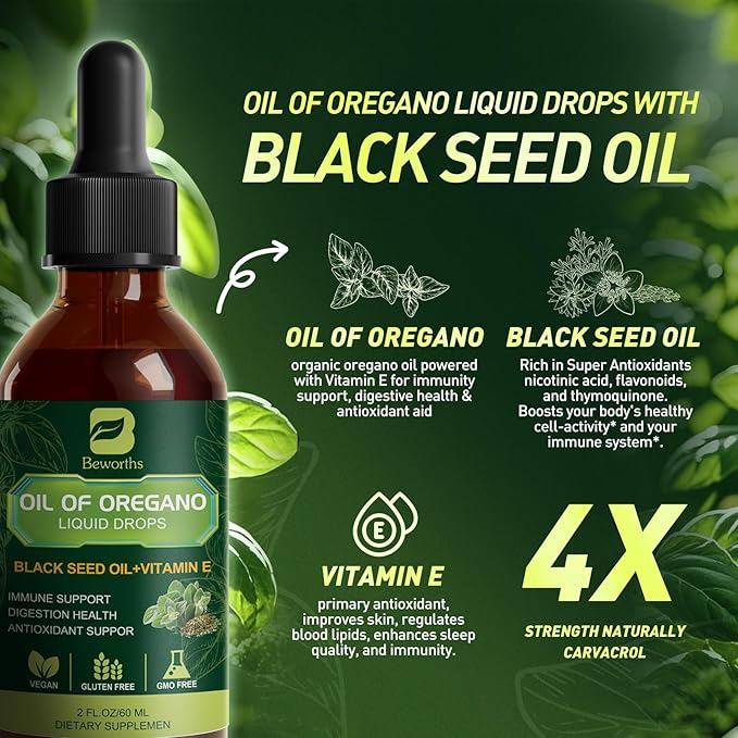 B BEWOTHS Oregano Oil Drops, Oil of Oregano with Black Seed Oil, Vitamin E, Wild Harvest Oil of Oregano Liquid Herbal Blend for Immune, Antioxidant, Digestive Gut Cleanser, Kidney Health Support-Vegan