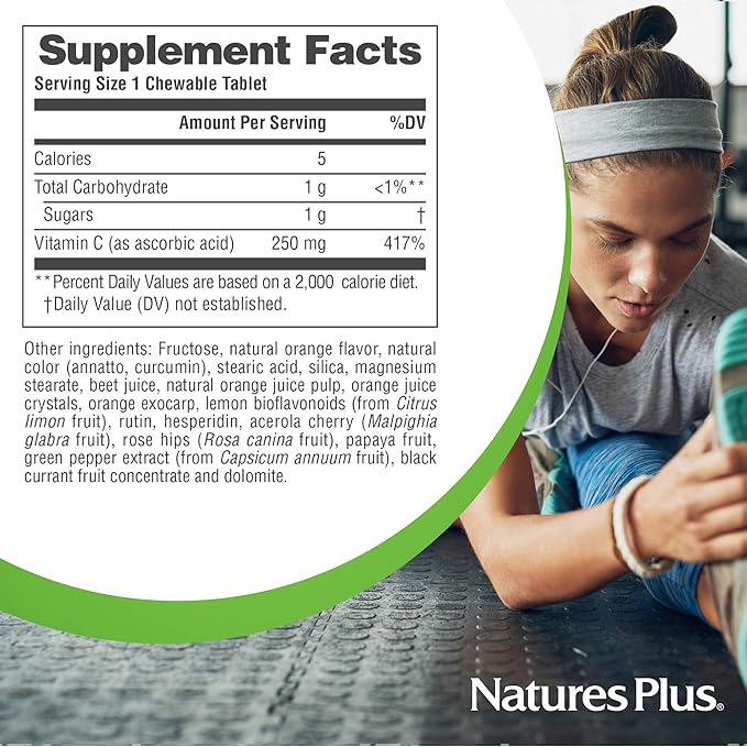 Natures Plus Orange Juice Chewable Vitamin C - 250 mg, 90 Vegetarian Tablets - High Potency Immune Support Supplement, Antioxidant - Gentle On Stomach - Gluten-Free - 90 Servings