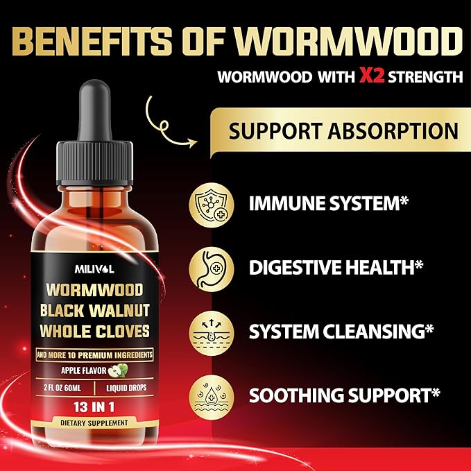 13in1 Wormwood Liquid Drops - 1900mg Black Walnut Wormwood Liquid Extract with Whole Cloves & More - 60 Day Supply - 2 Fl Oz