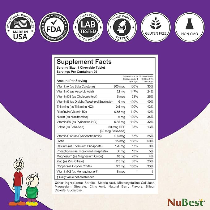 NuBest Tall Kids - Toddlers Vitamins and Kids Vitamins for Age 2 to 9 - Support Bone Strength, Overall Health and Immunity - Animal Shapes - 90 Chewable Berry Tablets | 1.5 Month Supply