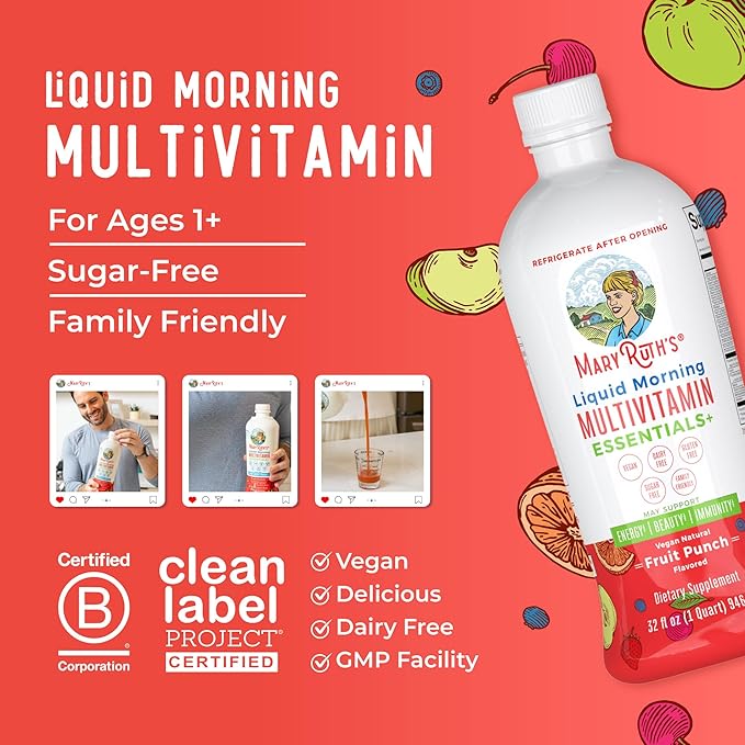 MaryRuth Organics Liquid Morning Multivitamin Essentials+ | Vitamin A C D E B6 B12 Biotin Zinc, Mens Womens Multivitamin, Immune Support, Beauty | Sugar Free | Vitamins for Ages 1+ | Vegan | 32 Fl Oz