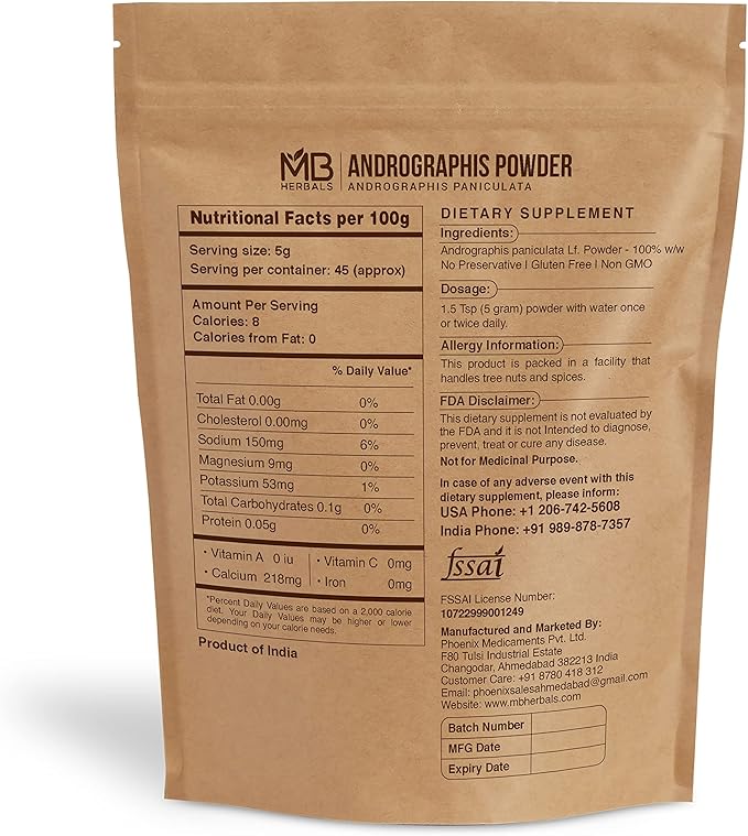 MB Herbals Andrographis Powder 8 oz / 227G (0.5 lb) Kalmegh Green Chiretta | 100% Pure Andrographis paniculata Leaf Powder