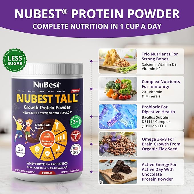 NuBest Tall Protein Powder for Kids & Teens - Chocolate Protein Powder Shake - Protein Drink with Probiotics, Omega 3-6-9, Vitamin D3 + K2, Calcium, Vitamins - Bone Strength and Immunity - Pack 4