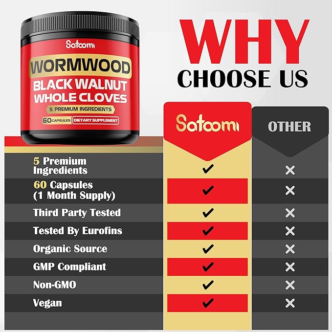 Satoomi 5 in 1 Wormwood Capsules Supplement - Extracted from Black Walnut, Whole Cloves, Turmeric and Berberine HCl - Immune System & Digestion Health - 60 Capsules