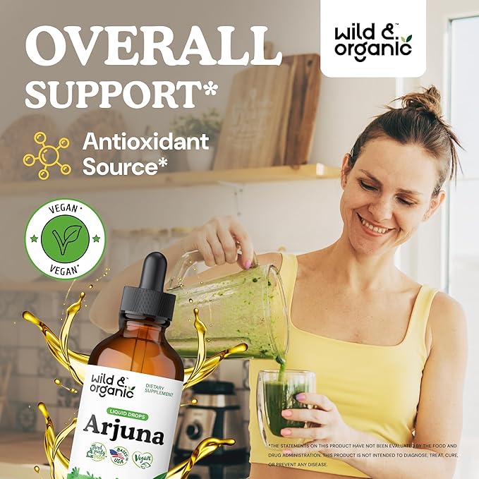 Wild & Organic Arjuna Bark Tincture - Overall Well-Being Supplement - Alcohol-Free Liquid Drops - Terminalia Arjuna Bark Extract - No Sugar & Additives, Non-GMO - 4 fl oz