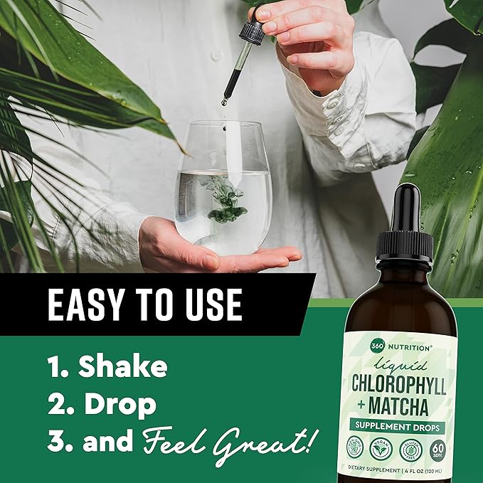 360 Nutrition Matcha Chlorophyll Liquid Drops with L-Theanine, Gluten Free & Vegan Internal Deodorant Supplement, Supports Gut Health, Digestion, Energy, Radiant Skin, Fast Absorption, 60 Servings