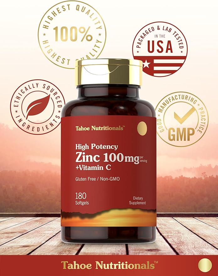 Carlyle Zinc Supplement 100mg with Vitamin C | 180 Softgels | Non-GMO, Gluten Free | Tahoe Nutritionals