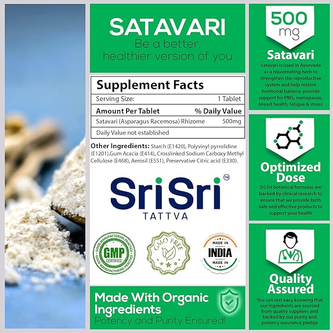 Sri Sri Tattva Shatavari Asparagus Racemosa Dietary Supplements – 60 Tablets 500mg Organic Shatavari– Reproductive Health Ayurvedic Herb for Balancing Vata & Pitta