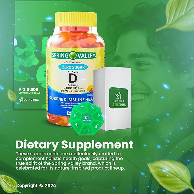 Zero Sugar Vitamin D Spring V Gummies, 50 Mcg (2,000 IU), 120 Count, Lemon, Orange & Strawberry Flavors, Supports Bone & Immune Health + Better Ligth&Spring Guide