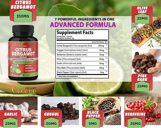 Organic Cadane Citrus Bergamot Supplement Extract Capsules, 90 Capsules & Berberine, Olive, Guggul, Garlic, Pine Bark, Black Pepper | Supports Overall Health, Immune System | 3 Months Supply