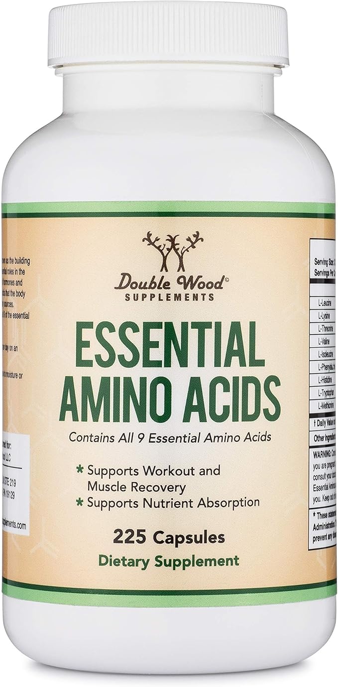 Essential Amino Acids - 1 Gram Per Serving Powder Blend of All 9 Essential Aminos (EAA) and All Branched-Chain Aminos (BCAAs) (Leucine, Isoleucine, Valine) 225 Capsules, Gluten Free by Double Wood