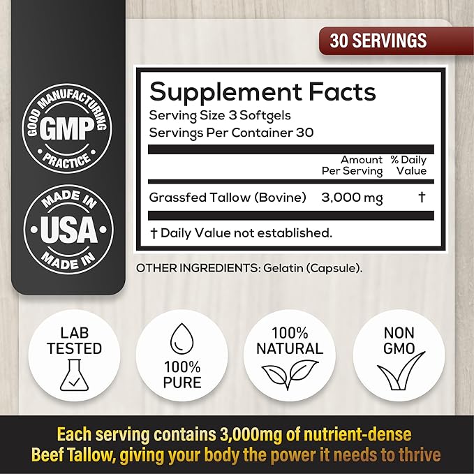 Wild Foods Grass-Fed Beef Tallow Capsules | 3,000mg Per Serving | Pure Ancestral Nutrition for Skin, Hormones, and Energy | Keto, Paleo & Carnivore Diet Approved | 90-Day Supply
