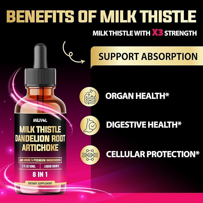 8in1 Milk Thistle Liquid Drops with Dandelion Root, Artichoke Leaf and 5 More Herbals - 60 Days Supply - 2 Fl Oz
