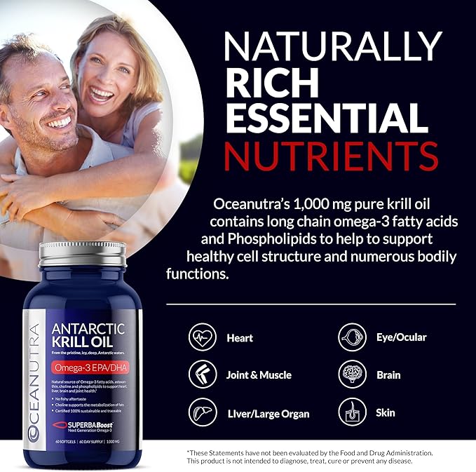 100% Pure Organic Krill Oil 1000mg, 60-Day, Omega 3, Highest Concentration 56% Phospholipids, Wild Caught, Sustainable Traceable Antarctic SuperbaBoost, Astaxanthin, Heart, Skin Care, No Fish Oil
