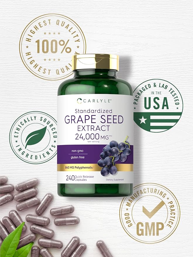 Carlyle Grape Seed Extract 24,000 mg Equivalent 240 Capsules | Maximum Strength Standardized Extract | Non-GMO, Gluten Free