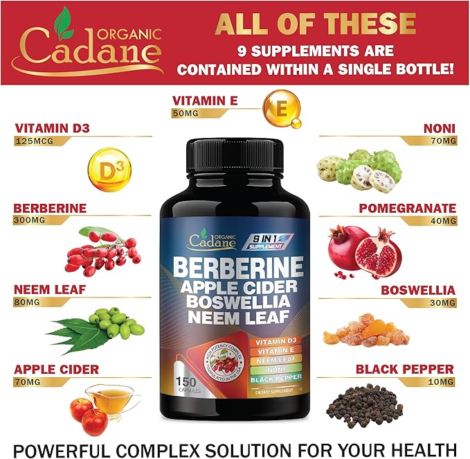 Organic Cadane Berberine Supplement 150 Capsules, with Neem Leaf, Apple Cider Vinegar, VIT D3, E & More - Berberine Extract 35:1- Support for Immune System, Digestion & Overall Health