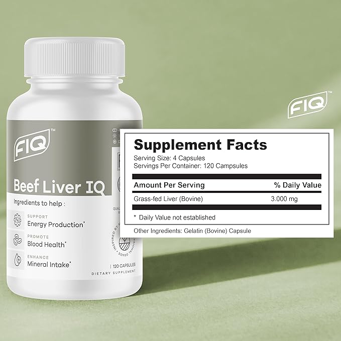 FIQ - Beef Liver IQ - Beef Liver Capsules - Supports Energy Production - Natural Iron, Copper, Vitamin A, & Vitamin B - High Absorption - 120 Capsules