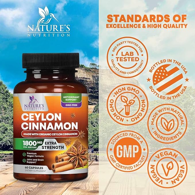 Organic Ceylon Cinnamon Supplement 1800mg - Certified Organic Ceylon Cinnamon Powder Pills - Energy & Heart Support for Women & Men, Bottled in USA, Antioxidant, Gluten Free, Non-GMO - 60 Capsules