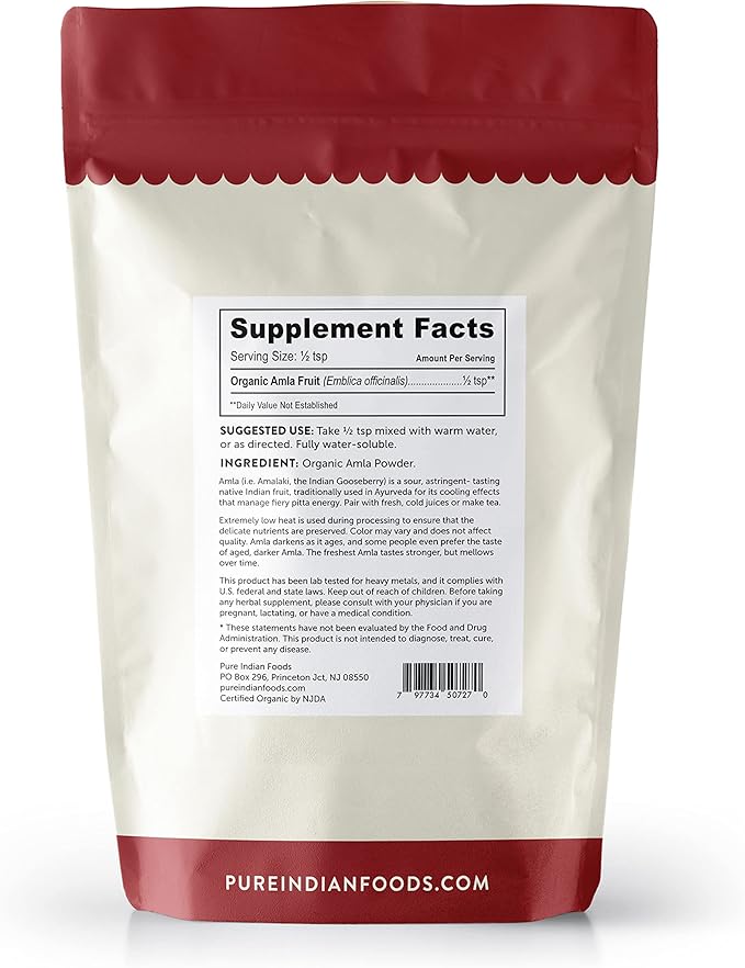 Pure Indian Foods Organic Amla Powder, 8 oz, Water-Soluble Amalaki, Ayurveda Dietary Supplement Dissolves Completely in Water, Perfect for Capsules
