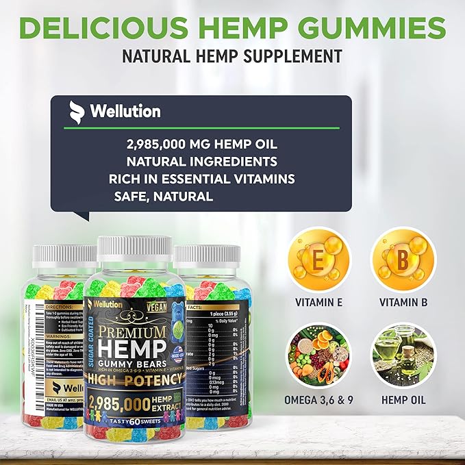 WELLUTION Sugar-Coated Hemp Gummies – High Potency 2,985,000 MCG – Natural Fruity Bears for Relaxation and Peace - Fast-Acting - 60ct