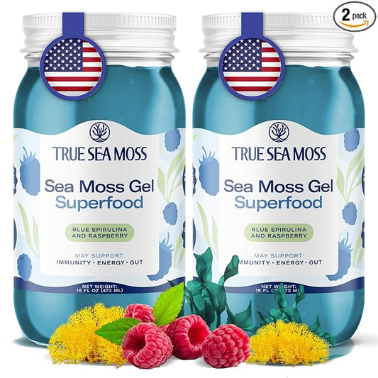 TrueSeaMoss Sea Moss Gel – Made in USA – Wildcrafted Seamoss, Fresh Fruits & Sea Vegetables – Blue Spirulina, Pack of 2 (Labels may Vary)