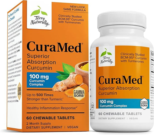 Terry Naturally CuraMed 100 mg Curcumin Complex - Enhanced Absorption Curcumin Supplement with Turmeric - Brain & Liver Health Support Supplement - Vegan Dietary Supplement - 60 Chewable Tablets