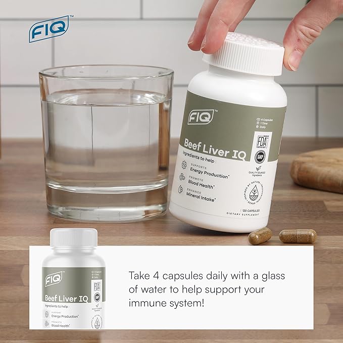 FIQ - Beef Liver IQ - Beef Liver Capsules - Supports Energy Production - Natural Iron, Copper, Vitamin A, & Vitamin B - High Absorption - 120 Capsules