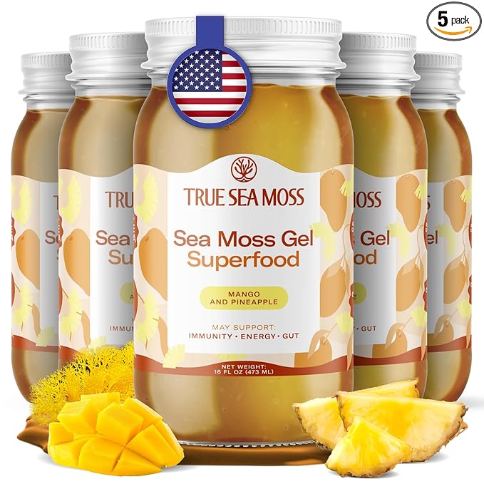 TrueSeaMoss Wildcrafted Irish Sea Moss Gel - Made with Dried Seaweed & Fresh Sea Vegetables, Seamoss, Antioxidant Supports Digestion - Made in USA (Mango/Pineapple, Pack of 5)