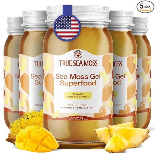 TrueSeaMoss Wildcrafted Irish Sea Moss Gel - Made with Dried Seaweed & Fresh Sea Vegetables, Seamoss, Antioxidant Supports Digestion - Made in USA (Mango/Pineapple, Pack of 5)
