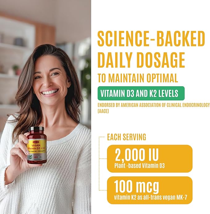 180 Days Vegan Vitamin D3+K2 Softgel with Coconut MCT Oil | 2000IU Plant Source Vitamin D3 + 100 mcg Vitamin K2 MK-7 | for Bone, Muscel, Immune, Teeth & Heart Health | 100% Vegan no-Gelatin