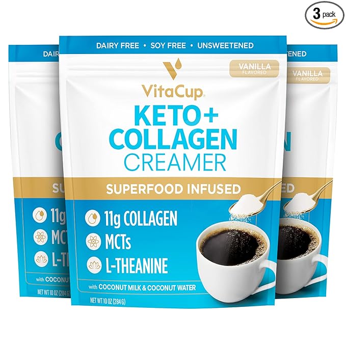 VitaCup Keto + Collagen Coffee Creamer Vanilla Flavor w/MCT, Collagen Protein, Coconut Water, L-Theanine for Keto Diet, Coffee, Smoothies, & Shakes, Dairy-Free, Gluten-Free, Soy-Free, 3 bags,10oz each