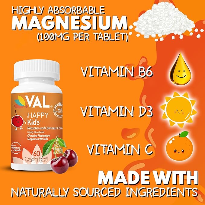 VAL Magnesium for Kids | High-Absorption Magnesium for Calm, Relaxation & Focus | Mg Glycinate, Citrate & Taurate | with Vitamin B6, D & C | Sugar-Free, Non-GMO | 60 Chewable Tablets