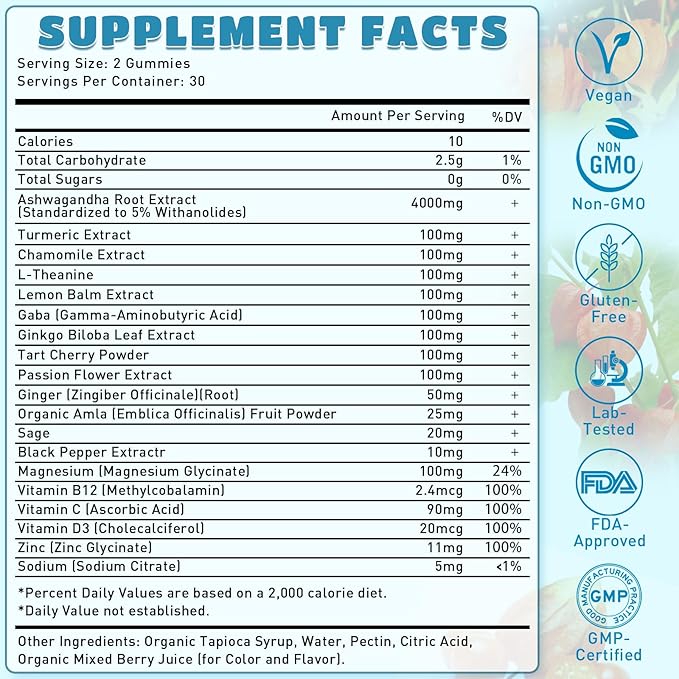 Ashwagandha Gummies, Organic Ashwa Root Extract Supplement for Women & Men, Vegan, Gluten-Free, Mixed Berry Flavor, 60 Count