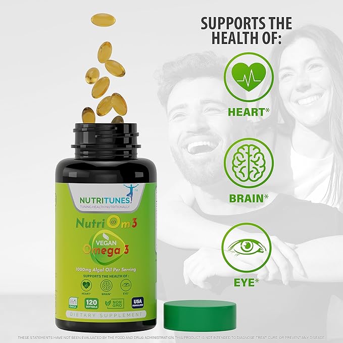 Vegan Omega 3 – Plant-Based DHA & EPA for Brain, Eye & Heart Health – 120 Softgels - NutriOm3 - made with Sustainably Sourced Premium Algal life’s OMEGA with SeaGel technology - Non-GMO, Allergen Free
