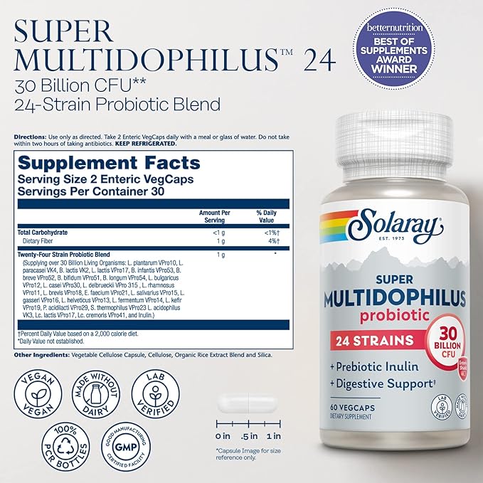 SOLARAY Super Multidophilus 24 Strain Probiotic | 30 Billion CFU | Healthy Gut Support | 30 Serv | 60 Enteric VegCaps