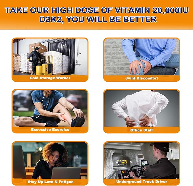 Vitamin D3 20,000 IU + K2(MK7) 200mcg-Optimal Vitamin D3 & K2-Support Strong Bones & Muscle, Calcium Absorption & Immune Health, Helping Vitamin D Deficiencies, Easy to Swallow, (Pack of 2)
