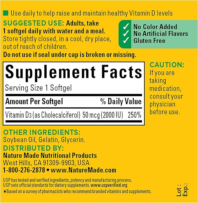 Nature Made Vitamin D3 2000 IU (50 mcg), Dietary Supplement for Bone, Teeth, Muscle and Immune Health Support, 90 Softgels, 90 Day Supply (Pack of 2)
