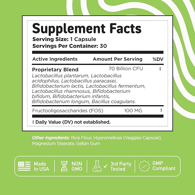 Vital Vitamins Probiotic Complex for Men & Women - 70 Billion CFU - Made with Prebiotic Blend - Digestive, Gut Health, & Immune Support - Powerful Blend of 10 Strains - 30 Capsules
