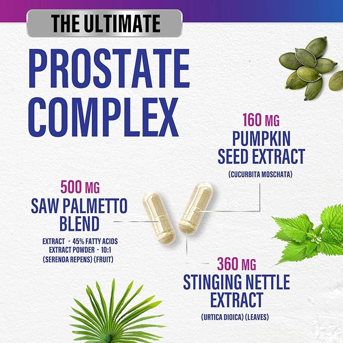 Prostate Health Supplements for Men - Potent 3X Formula with Saw Palmetto + Stinging Nettle + Pumpkin Seed Extract, Bottled in USA, Prostate Supplement, DHT Blocker for Urinary Support - 120 Capsules